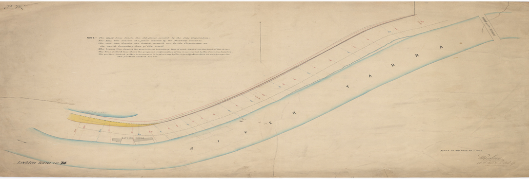 Historic plan of the Yarra River, watercolour drawing, 1869